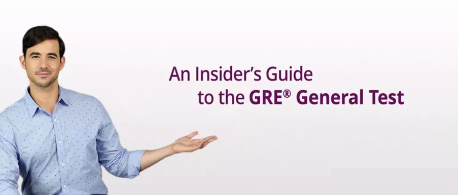 灰色背景中的男人，指向文字，文字内容为：An Insider’s Guide to the GRE® General Test